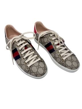 Gucci GG Supreme Web Stripe Ace Sneakers Red Blue Metallic Heel Tabs EU 38